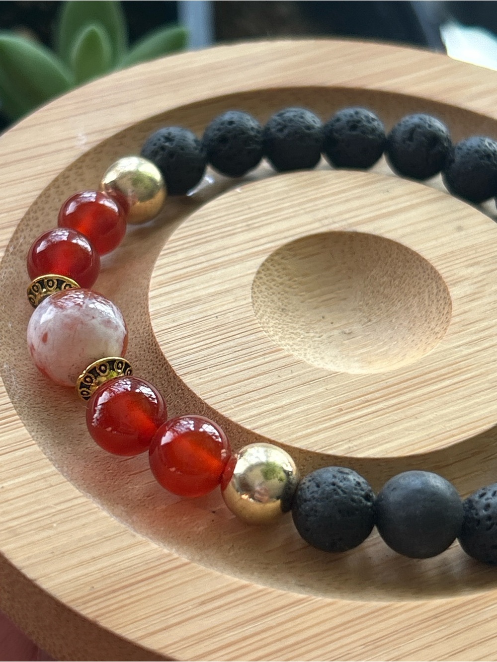 Handmade lava stone bracelet with red agate + carnelian + hematite beads - Picture 3 of 3